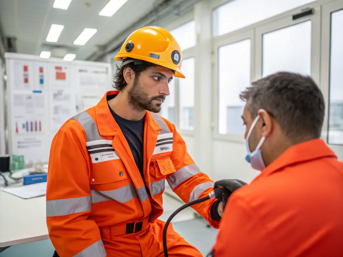 An oil and gas worker in safety gear undergoing a fitness assessment, emphasizing the rigorous health requirements for the oil and gas industry.