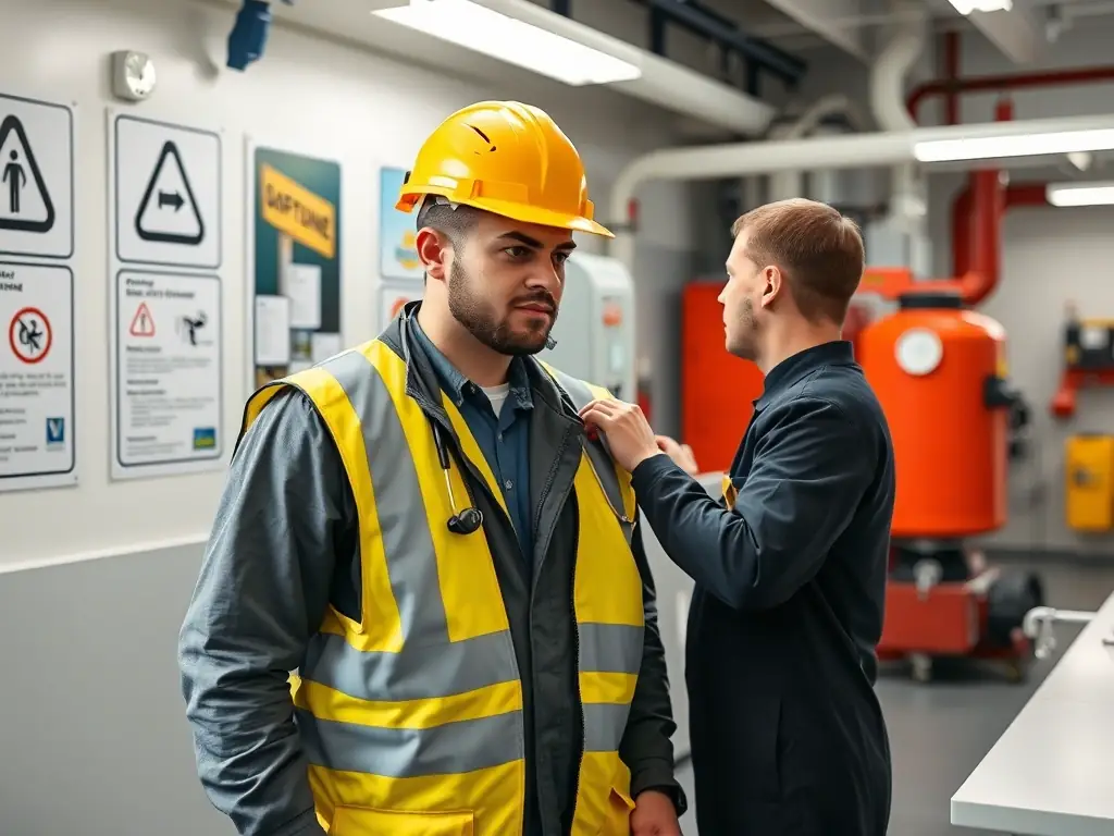 A professional offshore worker in full safety gear, undergoing a medical examination in a modern clinic setting. The scene emphasizes precision and attention to detail.
