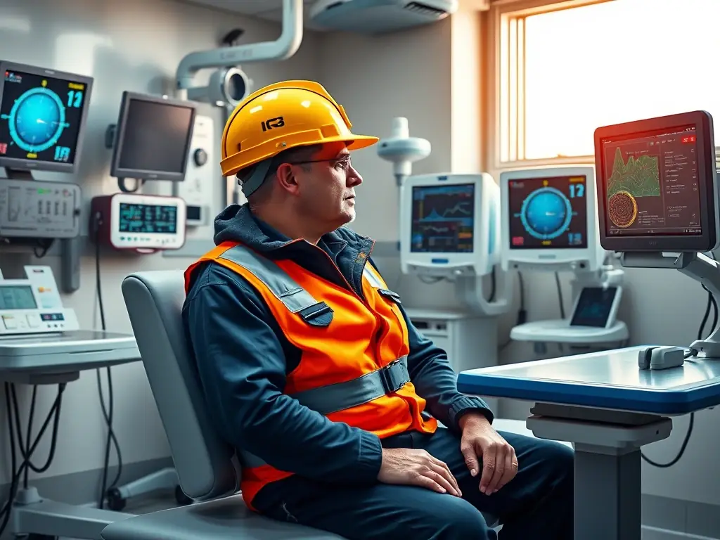 A maritime worker undergoing a fitness assessment, highlighting the comprehensive nature of the examination and the advanced medical equipment used.