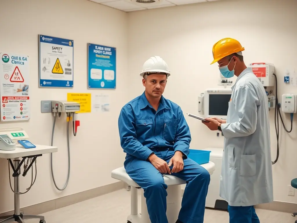 An oil and gas worker participating in a health check, emphasizing the importance of regular medical evaluations in high-risk industries.