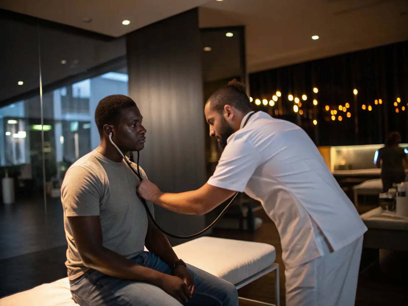 A doctor in a clean, modern clinic setting, reviewing medical records with a patient, symbolizing thorough and professional medical examinations for offshore workers.
