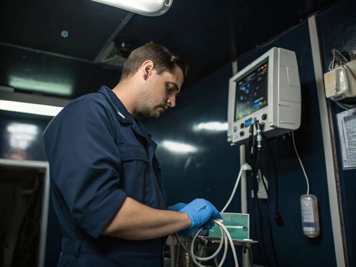 A doctor performing a physical examination on a worker, ensuring they meet the health requirements for their job in a remote environment.