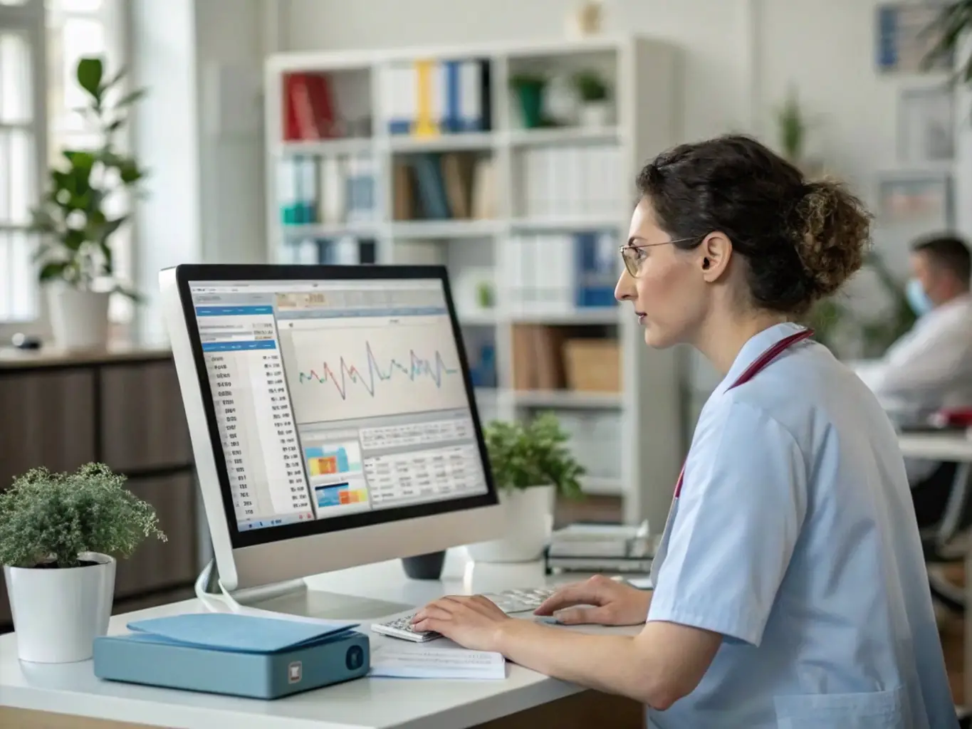 A medical professional reviewing an offshore worker's health record in a brightly lit office, focusing on attention to detail and accuracy.