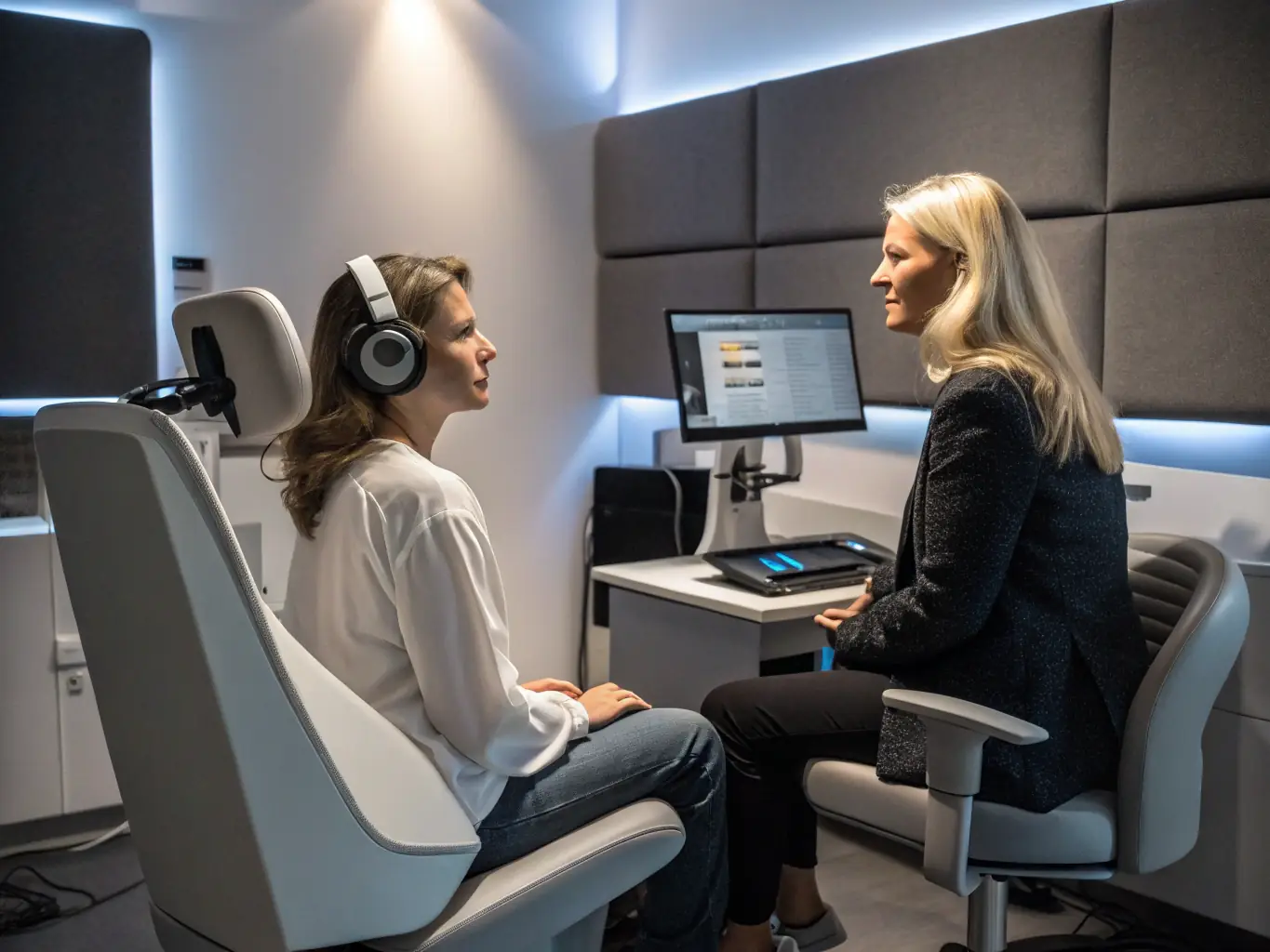 A doctor performing an audiology test on a patient, highlighting the importance of hearing in offshore environments.